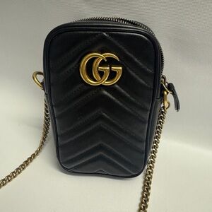 Gucci Mini GG Marmont Matlesse Black Crossbody Mini Bag with Gold Accents